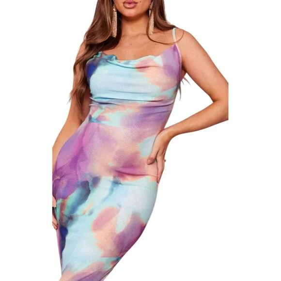 PrettyLittleThing Multicolor Maternity Abstract Print Cowl Neck Maxi Dress NWT - Picture 3 of 16